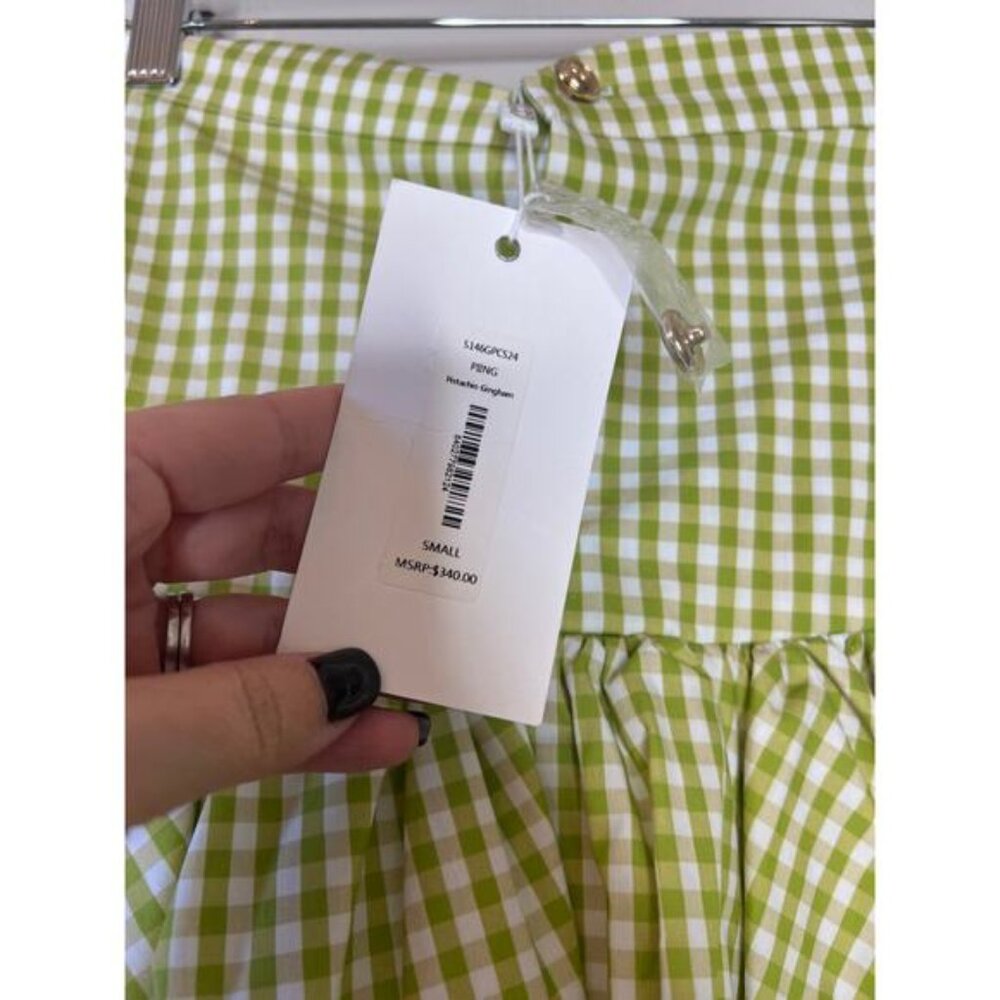 NWT Caroline Constas Lightweight Bubble Hem Mini Skirt Pistachio Gingham Size: S - Picture 5 of 8